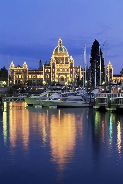 View across the Inner Harbour to the Parliament Buildings, at night, Victoria