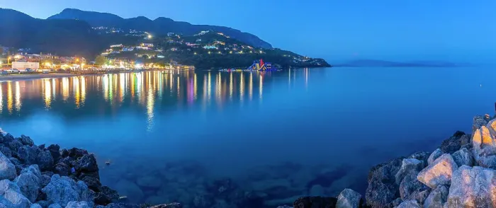 Framed Print : View of Ionian Sea and Ipsos Beach in Ipsos at dusk, Ipsos, Corfu, Ionian Sea, Greek Islands, Greece, Europe Framed Print : View of Ionian Sea and Ipsos Beach in Ipsos at dusk, Ipsos, Corfu, Ionian Sea, Greek Islands, Greece, Europe