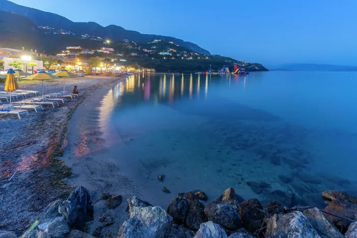 Framed Print : View of Ionian Sea and Ipsos Beach in Ipsos at dusk, Ipsos, Corfu, Ionian Sea, Greek Islands, Greece, Europe Framed Print : View of Ionian Sea and Ipsos Beach in Ipsos at dusk, Ipsos, Corfu, Ionian Sea, Greek Islands, Greece, Europe