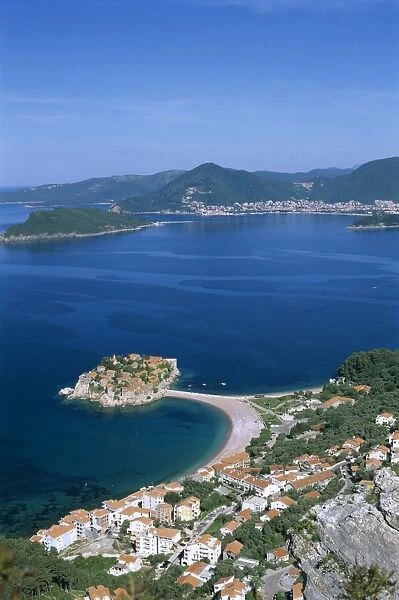 View over the Island and bay, Sveti Stefan, The Budva Riviera, Montenegro, Europe