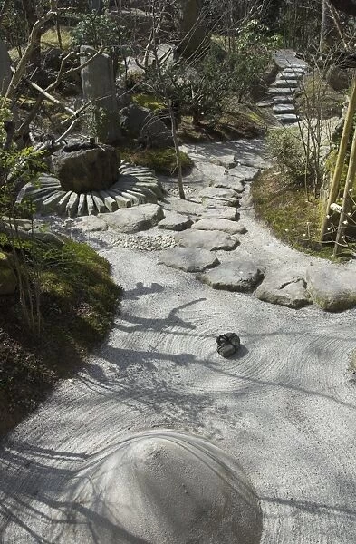 View of Japanese garden with stones