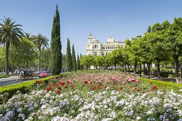 View of Jardines de Pedro Luis Alonso and Town Hall Palace (Ayuntamiento), Malaga