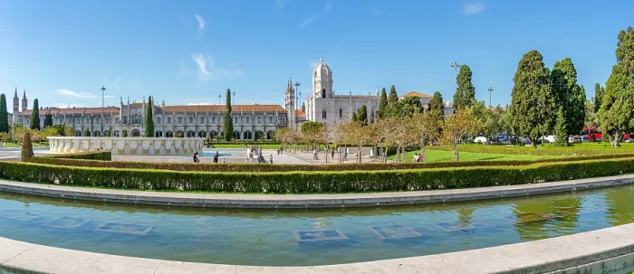 Framed Print : View of Jerónimos Monastery (Monastery of the Hieronymites) from Empire Square Garden on a sunny day, Lisbon, Portugal, Europe Framed Print : View of Jerónimos Monastery (Monastery of the Hieronymites) from Empire Square Garden on a sunny day, Lisbon, Portugal, Europe