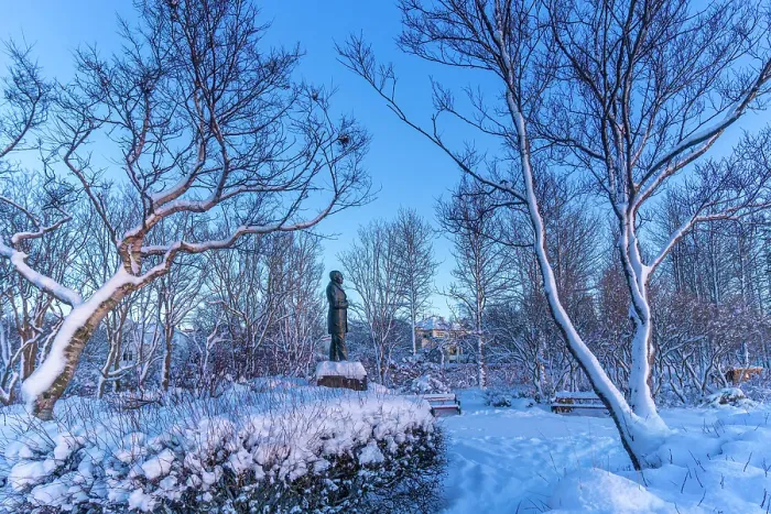Framed Print : View of the Jonas Hallgrímsson statue, 1807-1845, in the city centre of Reykjavik at sunset in winter, Reykjavik, Iceland Framed Print : View of the Jonas Hallgrímsson statue, 1807-1845, in the city centre of Reykjavik at sunset in winter, Reykjavik, Iceland
