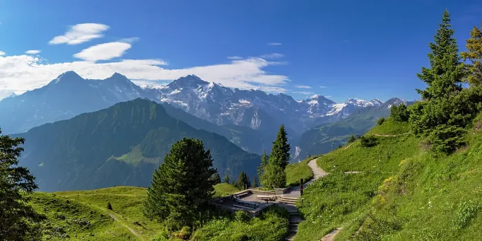 Framed Print : View of Jungfrau, Monch and Eiger mountains from Schynige Platte Botanical Gardens, Jungfrau Region, Bernese Oberland, Switzerland Framed Print : View of Jungfrau, Monch and Eiger mountains from Schynige Platte Botanical Gardens, Jungfrau Region, Bernese Oberland, Switzerland