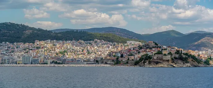 Framed Print : View of Kavala from ferry, Dimos Kavalas, Eastern Macedonia and Thrace, Gulf of Thasos, Gulf of Kavala, Thracian Sea, Greece, Europe