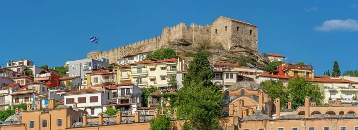 Framed Print : View of Kavala Fortress from the port, Kavala, Dimos Kavalas, Eastern Macedonia and Thrace, Gulf of Thasos, Gulf of Kavala, Greece, Europe