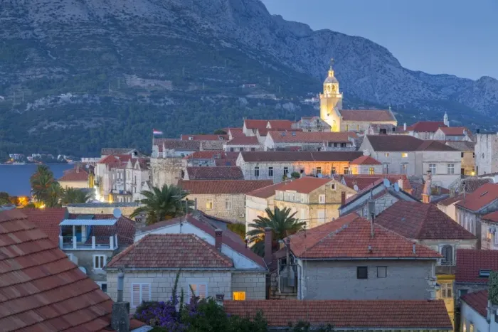 Framed Print : View of Korcula Town at dusk, Korcula, Dalmatia, Croatia, Europe