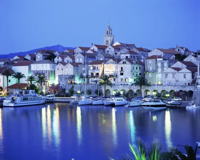 Framed Print : View of Korcula Town at dusk, Korcula Island, Dalmatia, Dalmatian coast, Croatia, Europe Framed Print : View of Korcula Town at dusk, Korcula Island, Dalmatia, Dalmatian coast, Croatia, Europe