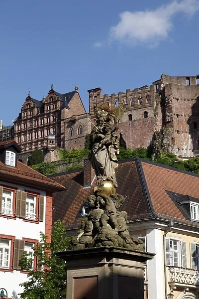 View from Kornmarkt to castle, Heidelberg, Baden-Wurttemberg, Germany, Europe
