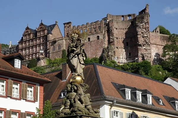 View from Kornmarkt to castle, Heidelberg, Baden-Wurttemberg, Germany, Europe