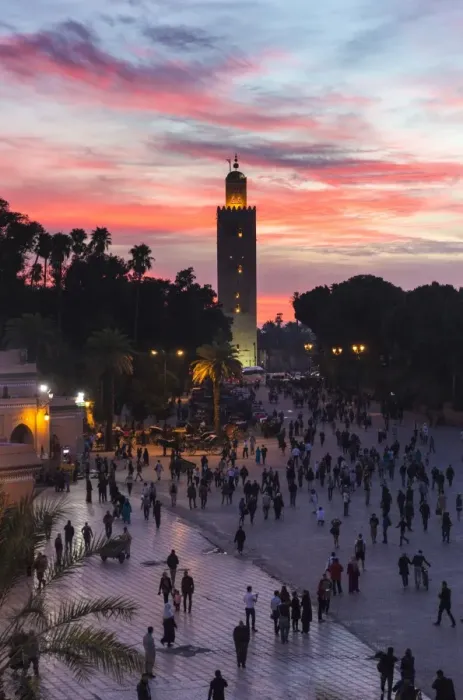 Framed Print : View towards Koutoubia Minaret at sunset from Djemaa el Fna, Marrakech, Morocco, North Africa Framed Print : View towards Koutoubia Minaret at sunset from Djemaa el Fna, Marrakech, Morocco, North Africa