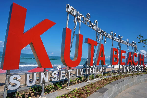 View of Kuta Beach sign, Kuta, Bali, Indonesia, South East Asia, Asia
