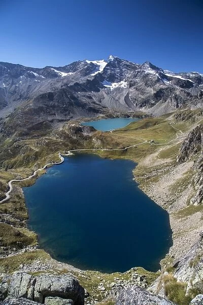 View of Lake Agnel and Lake Serru, Colle del Nivolet, Ceresole Reale, Alpi Graie (Graian Alps)
