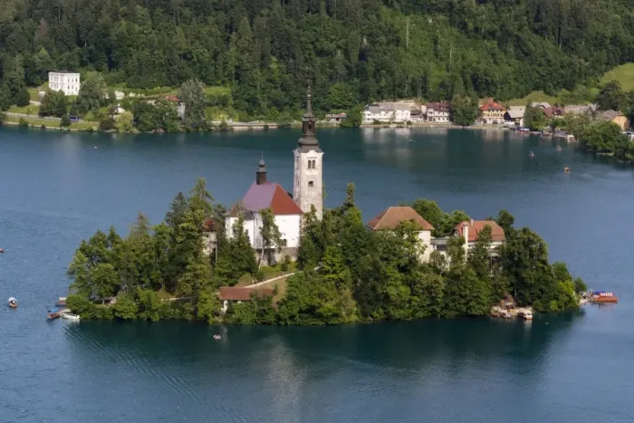 Framed Print : A view from above of Lake Bled and the Assumption of Mary Pilgrimage Church, Slovenia Framed Print : A view from above of Lake Bled and the Assumption of Mary Pilgrimage Church, Slovenia