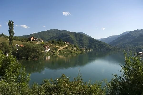 View over lake and mountains, near Konjic, Bosnia, Bosnia-Herzegovina, Europe