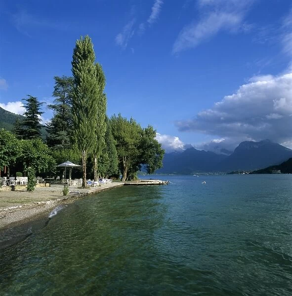 View along lake shore, Talloires, Lake Annecy, Rhone Alpes, France, Europe