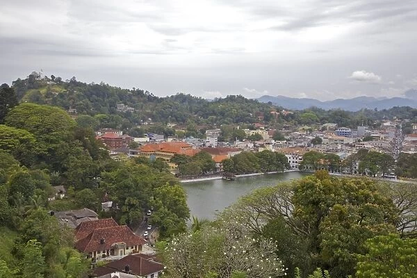 View of lake and town of Kandy, Sri Lanka, Asia