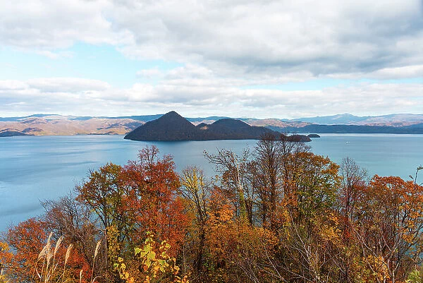 View from above onto Lake Toya and the island inside the crater, in autumn, Abuta, Hokkaido, Japan, Asia