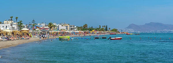 View of Lambi Beach and Turkey visible in background, Kos Town, Kos, Dodecanese, Greek Islands, Greece, Europe