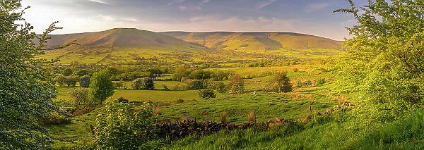 View of landscape toward Edale village in spring, Derbyshire Dales, Peak District National Park, Derbyshire, England, United Kingdom, Europe
