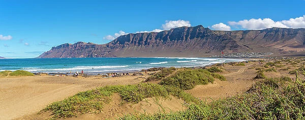 View of landscape and Playa de Famara beach, Caleta de Famara, Caleta de Famara, Lanzarote, Las Palmas, Canary Islands, Spain, Atlantic, Europe