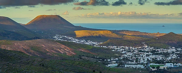View of landscape, Volcano La Corona and Maguez at sunset, Maguez, Lanzarote, Las Palmas, Canary Islands, Spain, Atlantic, Europe