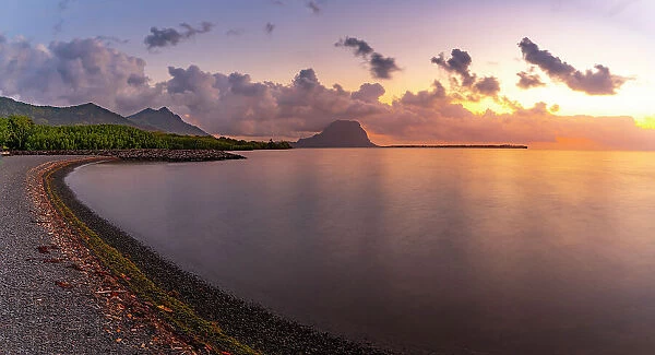 View of Le Morne from Case Noyale at sunset, Le Morne, Riviere Noire District, Mauritius, Indian Ocean, Africa