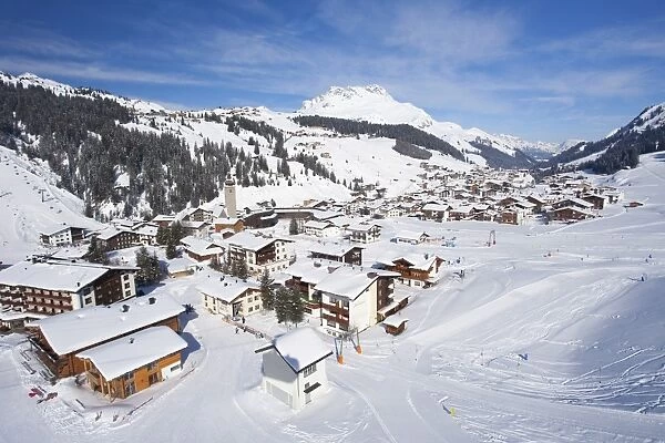 View of Lech from the Rufibahn in winter snow near St. Anton am Arlberg
