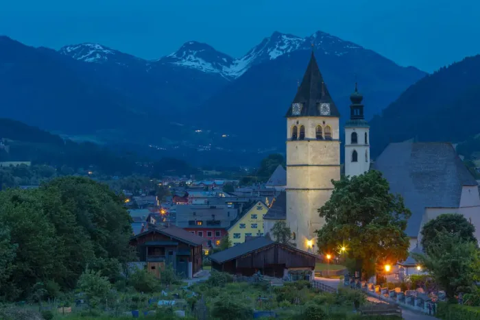 Framed Print : View of Liebfrauenkirche and town and surounding mountains at dusk, Kitzbuhel, Austrian Framed Print : View of Liebfrauenkirche and town and surounding mountains at dusk, Kitzbuhel, Austrian