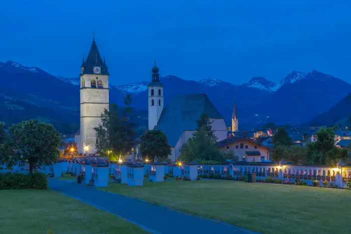 Framed Print : View of Liebfrauenkirche and town and surounding mountains at dusk, Kitzbuhel, Austrian Framed Print : View of Liebfrauenkirche and town and surounding mountains at dusk, Kitzbuhel, Austrian