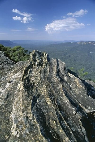 View from limestone pavement across the Jamison Valley in the Blue Mountains National Park where the blue haze is caused by eucalyptus oil, near Katoomba, UNESCO World Heritage Site, New South Wales (N. S. W. )