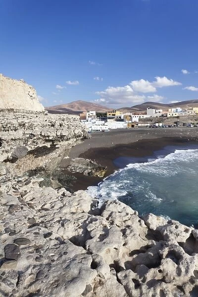 View from the limestone terraces to the fishing village, Ajuy, Fuerteventura, Canary Islands, Spain, Atlantic, Europe