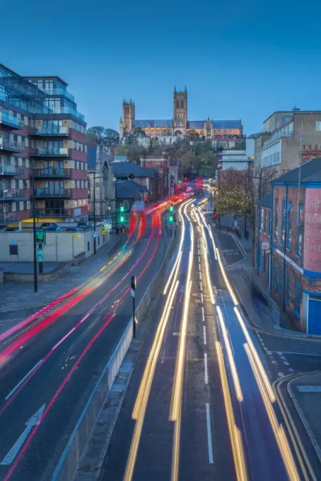 Framed Print : View of Lincoln Cathedral and traffic on Broadgate at dusk, Lincoln, Lincolnshire Framed Print : View of Lincoln Cathedral and traffic on Broadgate at dusk, Lincoln, Lincolnshire