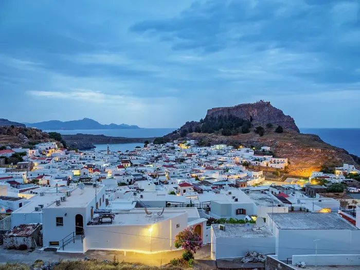 Framed Print : View over Lindos village towards the Acropolis at dawn, Rhodes Island, Dodecanese, Greek Islands, Greece, Europe Framed Print : View over Lindos village towards the Acropolis at dawn, Rhodes Island, Dodecanese, Greek Islands, Greece, Europe