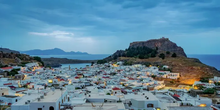 Framed Print : View over Lindos village towards the Acropolis at dawn, Rhodes Island, Dodecanese, Greek Islands, Greece, Europe Framed Print : View over Lindos village towards the Acropolis at dawn, Rhodes Island, Dodecanese, Greek Islands, Greece, Europe