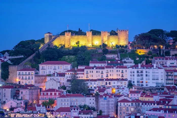 Framed Print : View of Lisbon Castle from Miradouro de Sao Pedro de Alcantara at dusk, Lisbon, Portugal, Europe Framed Print : View of Lisbon Castle from Miradouro de Sao Pedro de Alcantara at dusk, Lisbon, Portugal, Europe
