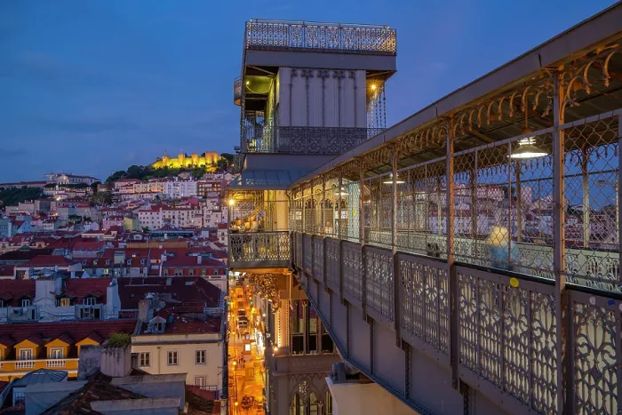Framed Print : View of Lisbon Castle and Santa Justa Lift from Carmo Archaeological Museum during golden hour, Lisbon, Portugal, Europe Framed Print : View of Lisbon Castle and Santa Justa Lift from Carmo Archaeological Museum during golden hour, Lisbon, Portugal, Europe