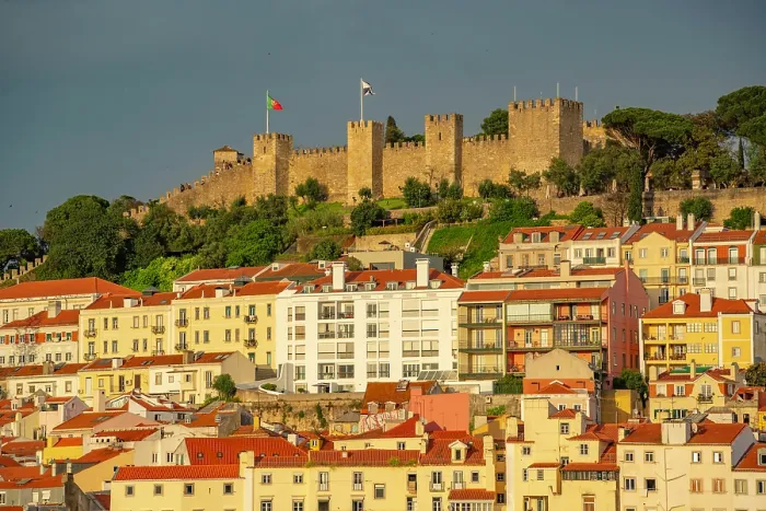 Framed Print : View of Lisbon Castle from Santa Justa Lift during golden hour, Lisbon, Portugal, Europe Framed Print : View of Lisbon Castle from Santa Justa Lift during golden hour, Lisbon, Portugal, Europe