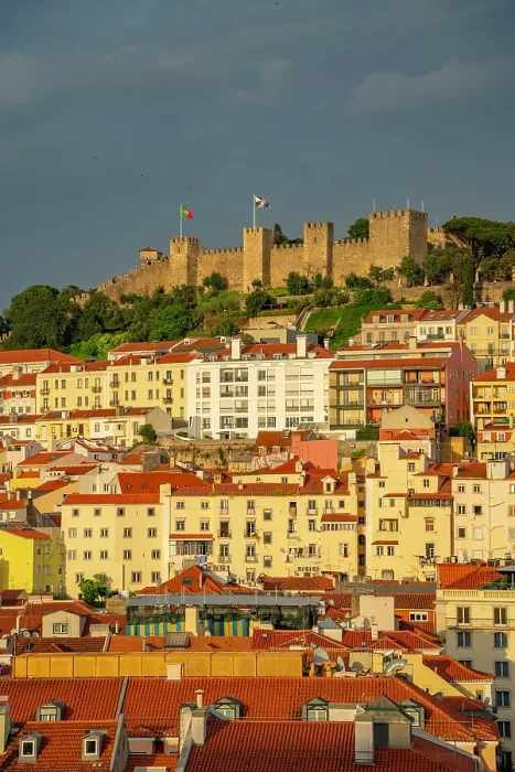 Framed Print : View of Lisbon Castle from Santa Justa Lift during golden hour, Lisbon, Portugal, Europe