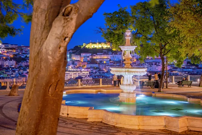Framed Print : View of Lisbon and fountain in Miradouro de Sao Pedro de Alcantara at dusk, Lisbon, Portugal, Europe Framed Print : View of Lisbon and fountain in Miradouro de Sao Pedro de Alcantara at dusk, Lisbon, Portugal, Europe