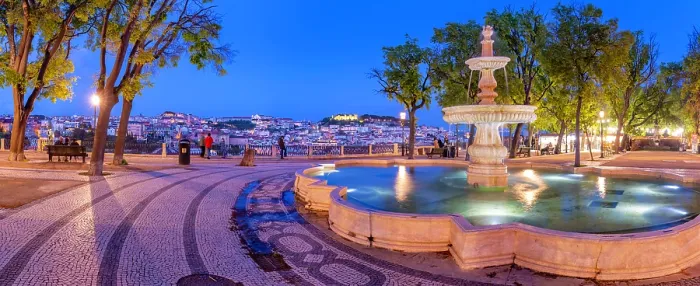 Framed Print : View of Lisbon and fountain in Miradouro de Sao Pedro de Alcantara at dusk, Lisbon, Portugal, Europe Framed Print : View of Lisbon and fountain in Miradouro de Sao Pedro de Alcantara at dusk, Lisbon, Portugal, Europe