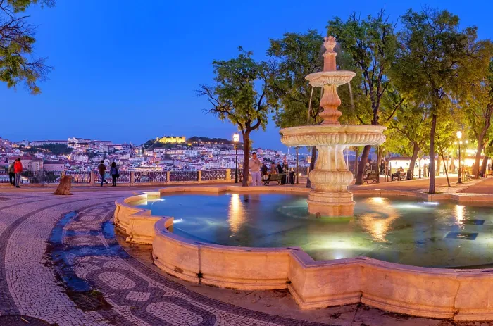 Framed Print : View of Lisbon and fountain in Miradouro de Sao Pedro de Alcantara at dusk, Lisbon, Portugal, Europe Framed Print : View of Lisbon and fountain in Miradouro de Sao Pedro de Alcantara at dusk, Lisbon, Portugal, Europe