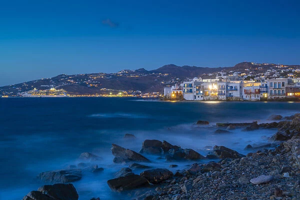 View of Little Venice and town at night, Mykonos Town, Mykonos, Cyclades Islands