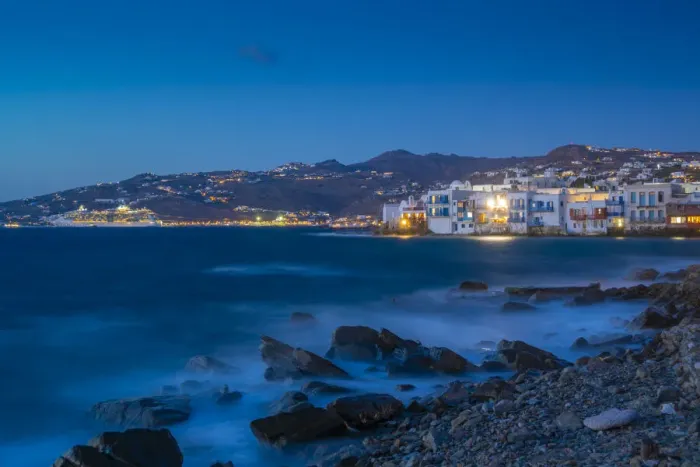 Framed Print : View of Little Venice and town at night, Mykonos Town, Mykonos, Cyclades Islands Framed Print : View of Little Venice and town at night, Mykonos Town, Mykonos, Cyclades Islands