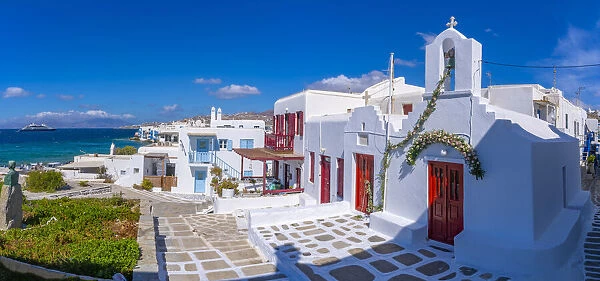 View of little white chapel and Little Venice, Mykonos Town, Mykonos, Cyclades Islands