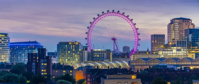 Framed Print : View of the London Eye and rooftop of Waterloo Station at dusk, Waterloo, London, England