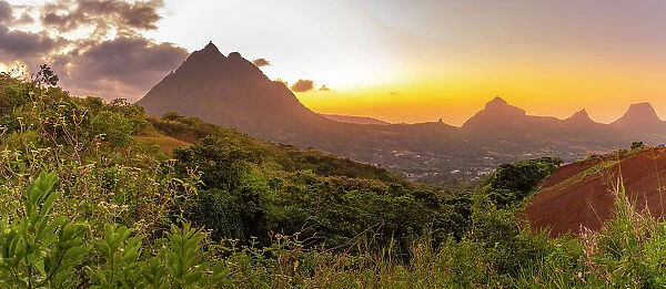 View of Long Mountains at sunset near Beau Bois, Mauritius, Indian Ocean, Africa
