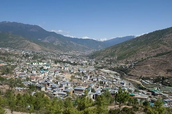 View looking down across Thimpu town, Thimpu, Bhutan, Asia
