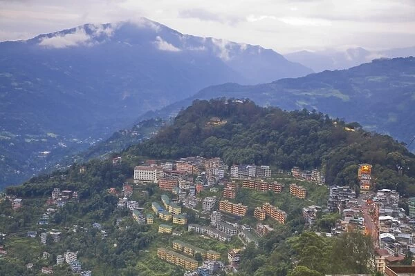 View of lower city and Damovar Ropeway building, Gangtok, Sikkim, India, Asia